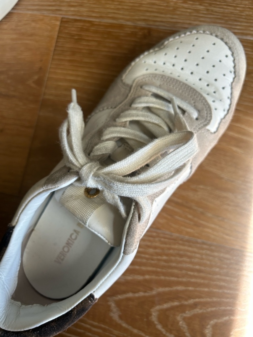 Veronica Beard Lennox White Leather and Taupe Suede-Trim Sneakers -Leopard Print - Picture 7 of 11
